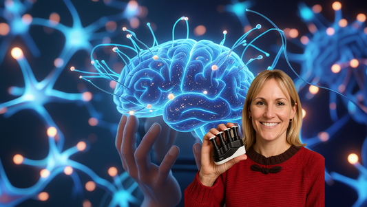 Neural network background in blue tones representing muscle memory development for musicians, highlighting brain-neuron connections that support repetitive practice and skill retention with Chords Crafters training tools.
