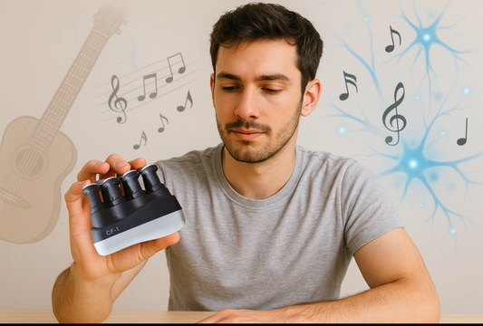 Young man using a finger strengthener to train hand control, with music notes and neuron graphics representing muscle memory and musician finger training.