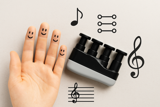Finger exerciser for musicians next to a hand and music symbols, representing finger strength and independence training.