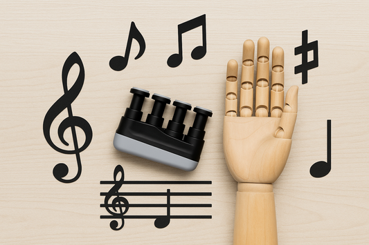 Finger exerciser and wooden hand model on a light wood surface, surrounded by music symbols, representing finger training and musician hand control.
