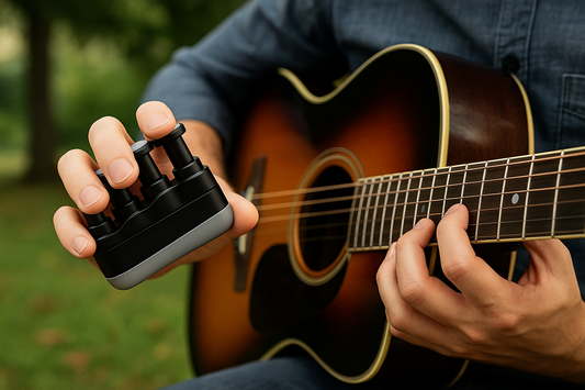 Guitarist using TrainFlex Pro to improve finger strength
