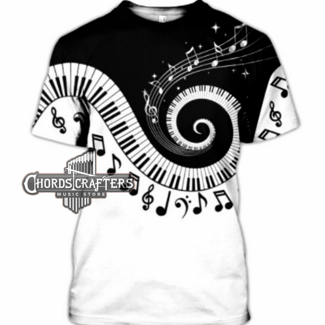 Dark blue t-shirt with piano keys and music notes graphic, unisex fit