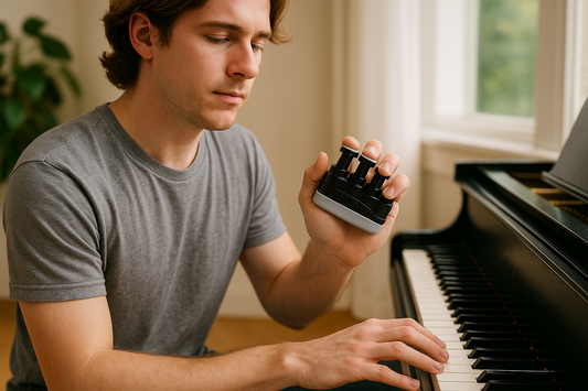 Young man practicing finger exercises with a black and gray hand strengthener while seated at a piano indoors, with natural light streaming through a nearby window.