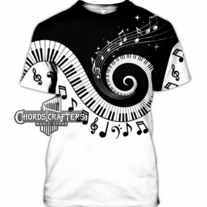 Dark blue t-shirt with piano keys and music notes graphic, unisex fit