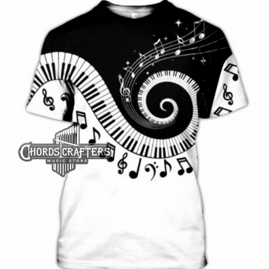Dark blue t-shirt with piano keys and music notes graphic, unisex fit