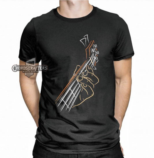 Black short sleeve t-shirt with electric bass guitar graphic, worn by male model

