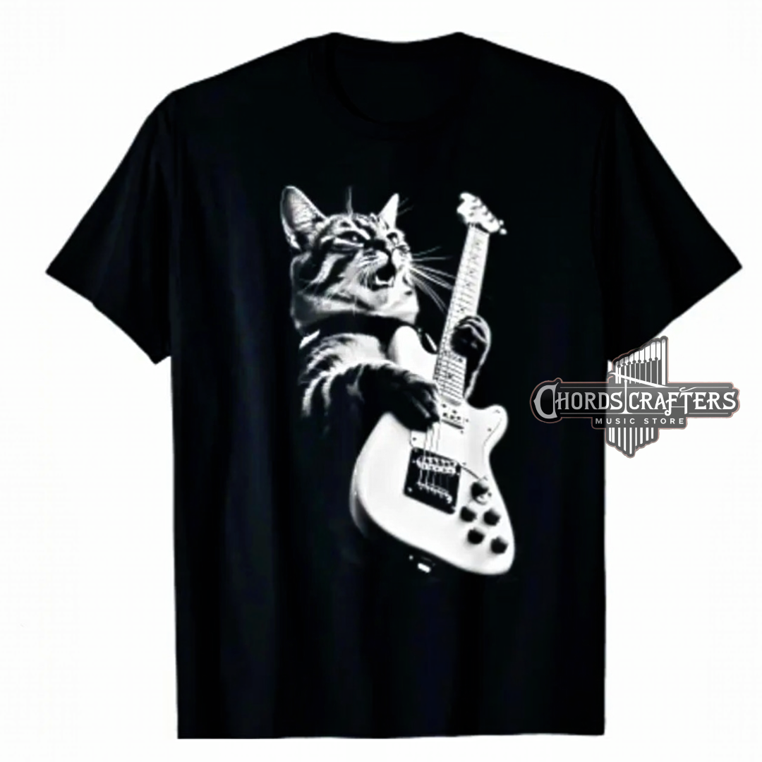 Black t-shirt with cartoon cat playing electric guitar, loose fit