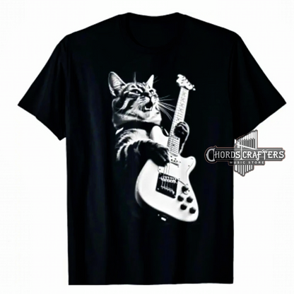 Black t-shirt with cartoon cat playing electric guitar, loose fit