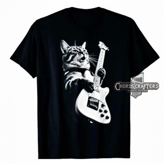 Black t-shirt with cartoon cat playing electric guitar, loose fit